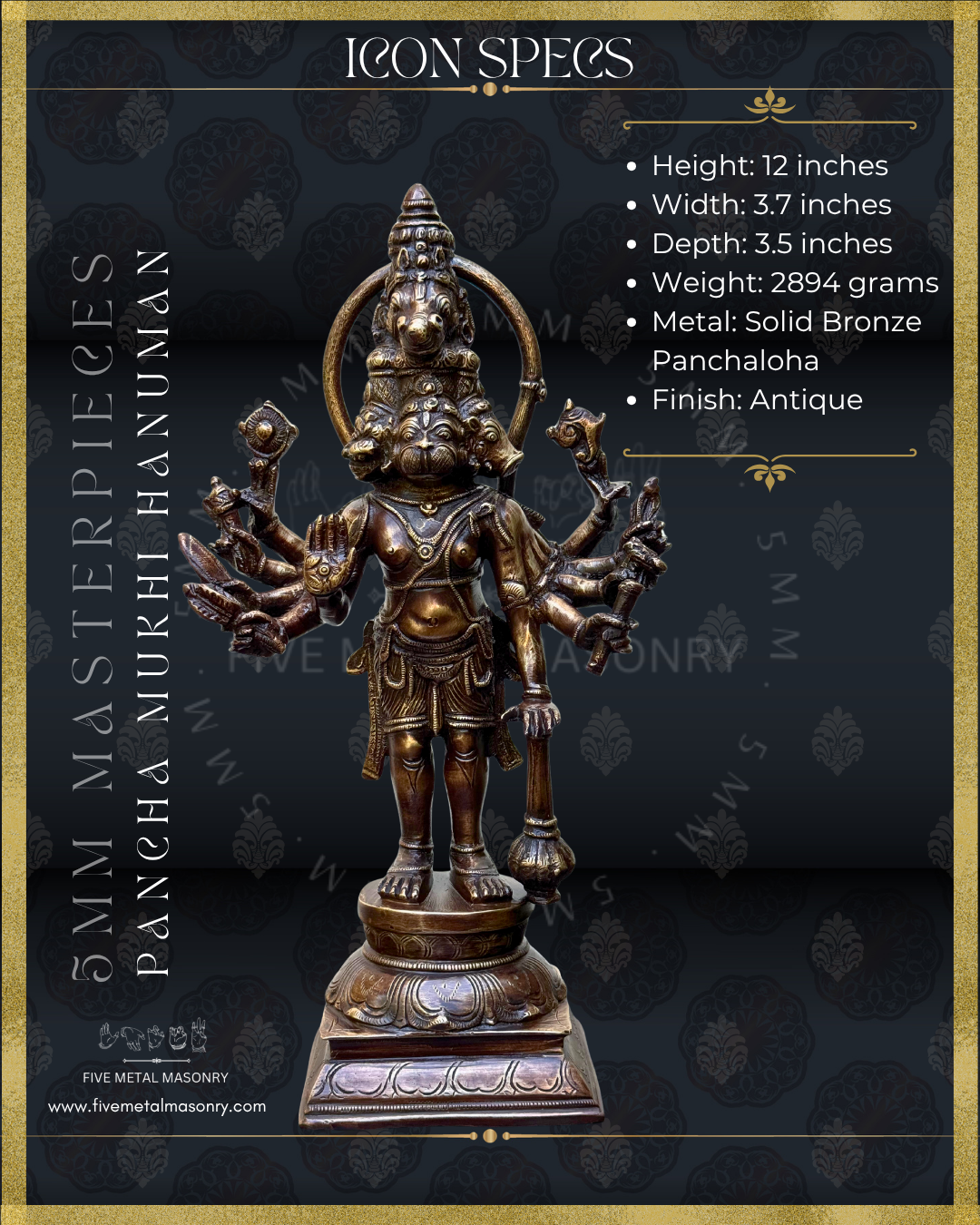 Panch Mukhi Hanuman Panchaloha Bronze statue -  Masterpieces Collection - Iconography per Shilpa Sastra, handcrafted lost wax casting – Dimensions