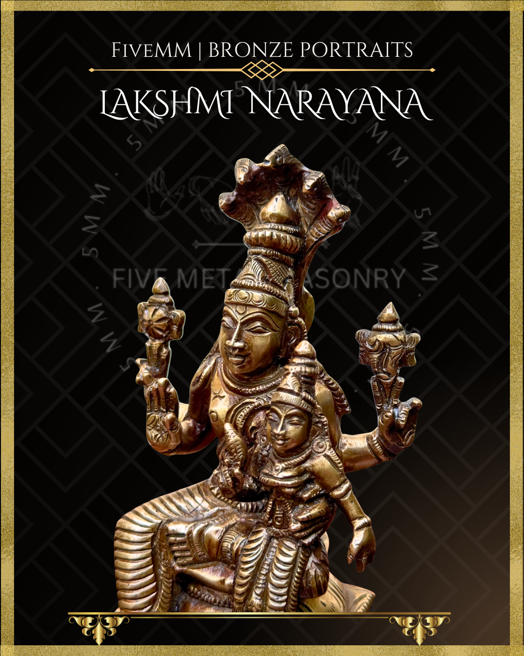 Closeup left side view of Handcrafted Lakshmi Narayana Panchaloha bronze with Narayana seated in lalitasana beneath five-hooded Adi Sesha, holding cakra and sankha, with Lakshmi seated on his lap holding a padma, crafted in the South Indian silpa-sastra and traditional iconographic tradition.