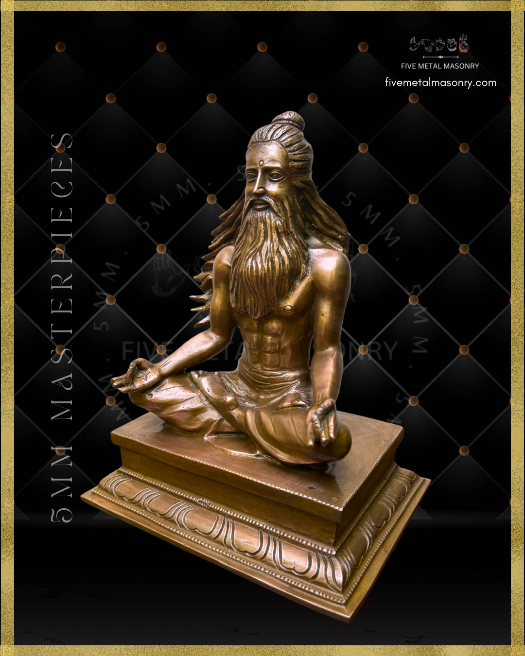 Left profile view of Handcrafted Thirumoolar Saiva saint in Panchaloha bronze, seated in meditation with flowing jata, long beard and tiered pedestal, from the Masterpieces collection.