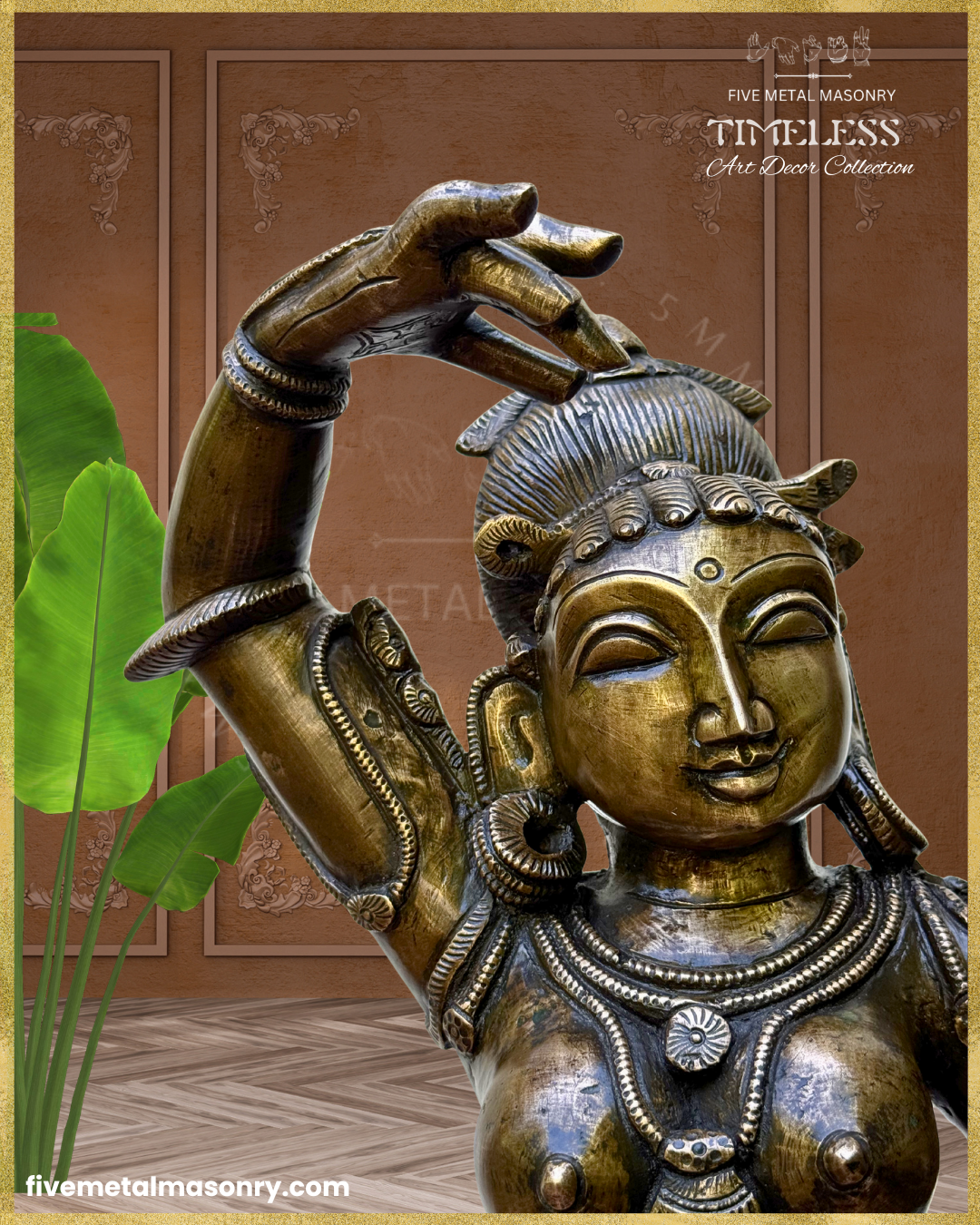 Close-up of a handcrafted Panchaloha bronze Darpana Sundari icon from the Timeless Collection, showcasing the serene face, elegantly modelled raised hand, ornate coiffure, large ear ornaments, layered necklaces, and rich antique patina.