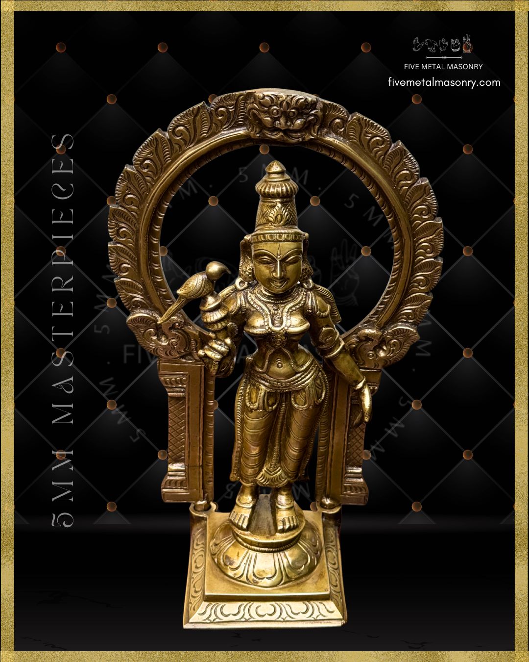 Bronze statue of meenakshi with intricate design on a black background