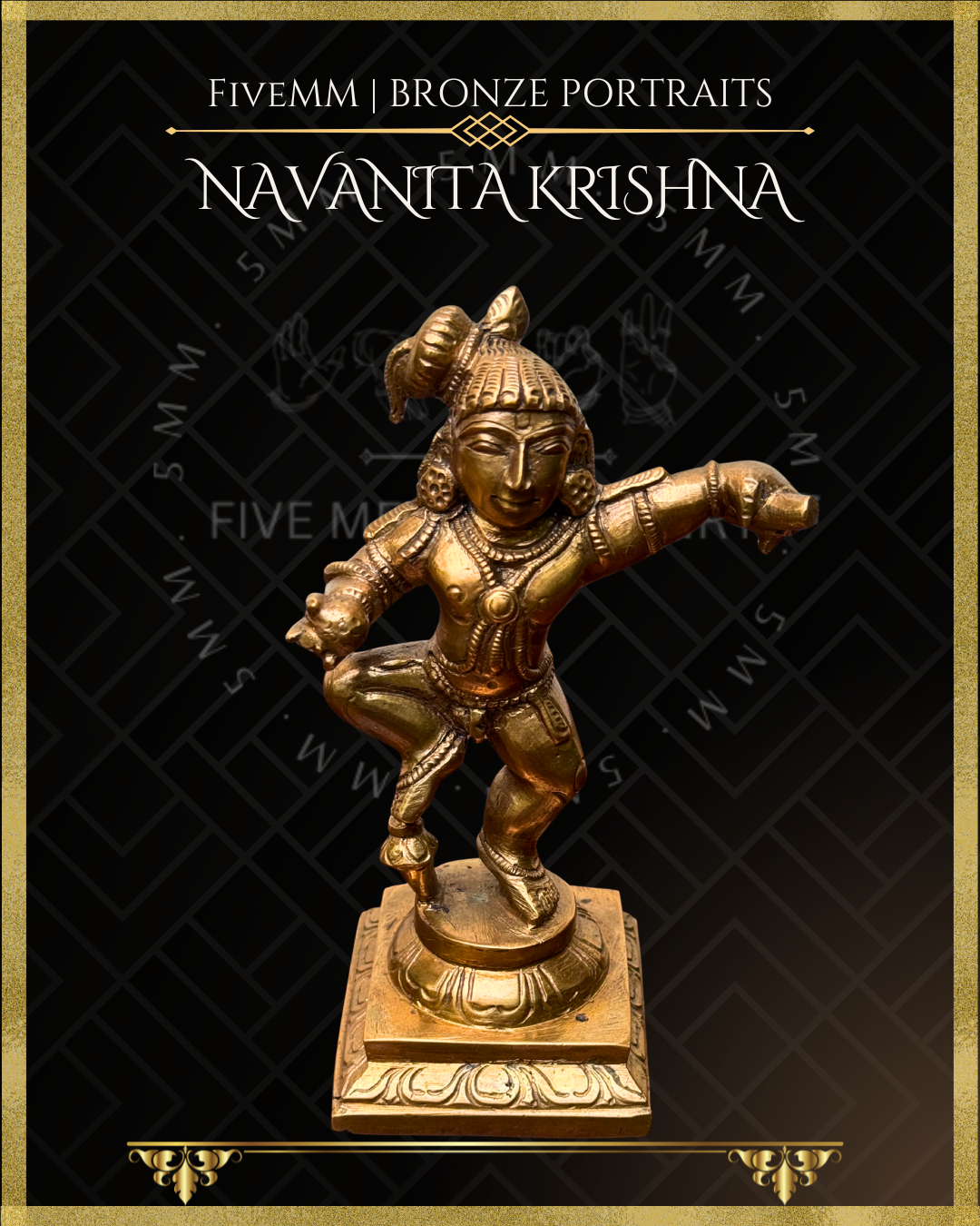 Top angle view of handcrafted Panchaloha Navanita Krishna bronze icon, depicting Bala Krishna dancing with butter in his hands, finely detailed according to traditional Silpasastra principles by Five Metal Masonry.