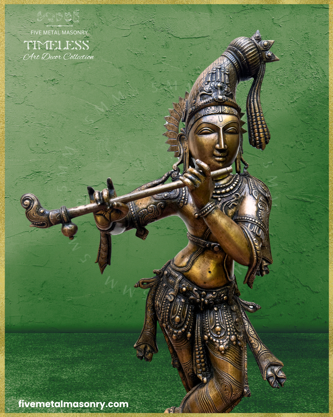 Close-up of handcrafted Panchaloha bronze Venugopala Krishna from Five Metal Masonry’s Timeless Collection, highlighting the venu held at his lips, elongated kesa-bandha decorated with floral motifs, peacock feathers and tassels, siras-chakra, detailed ornaments and Silpasastra-inspired iconography.