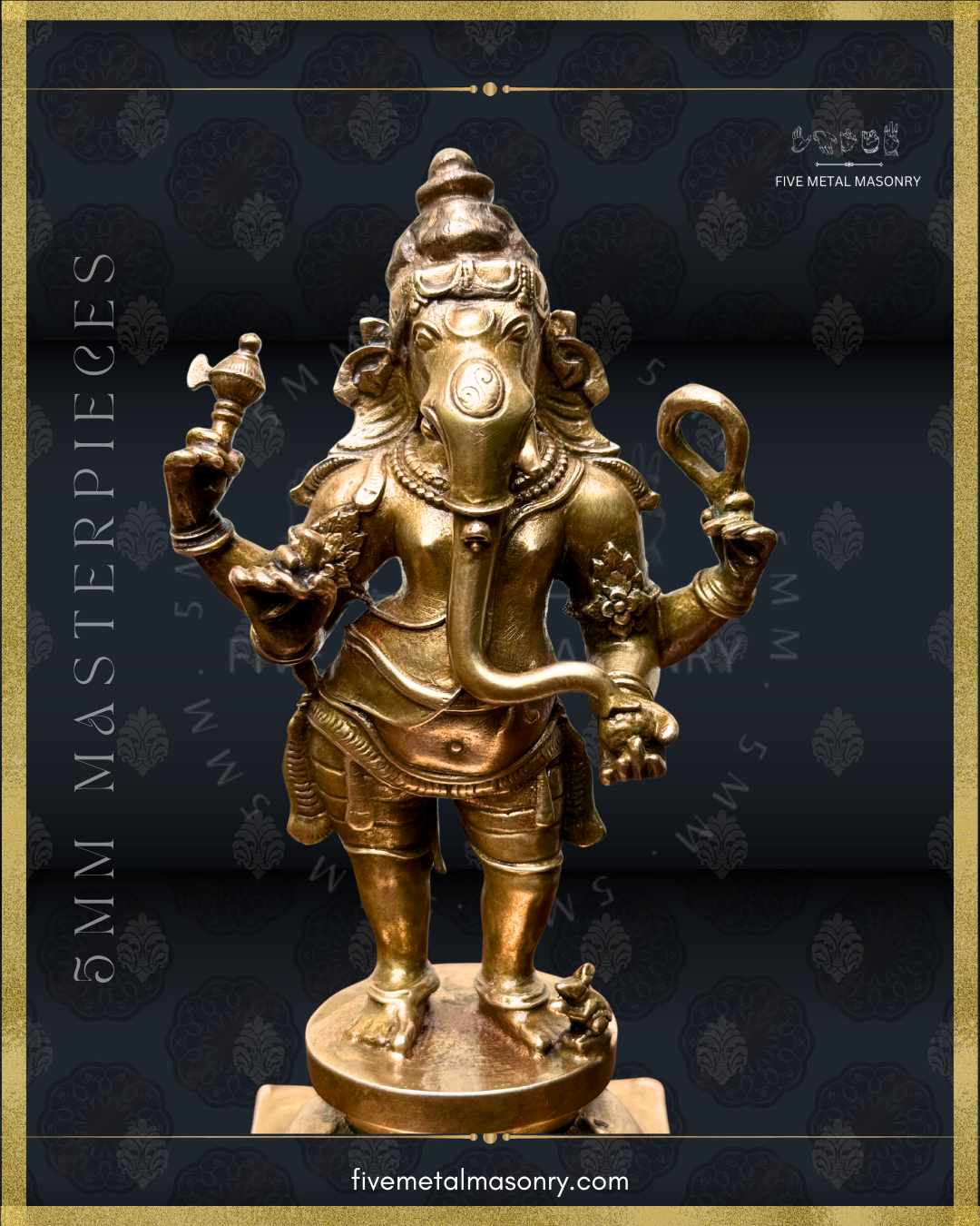 Closeup view of standing Ganesha panchaloha bronze icon holding goad and noose, with elongated trunk, karanda makuta, lotus pedestal and mouse vahana from the Masterpieces collection.