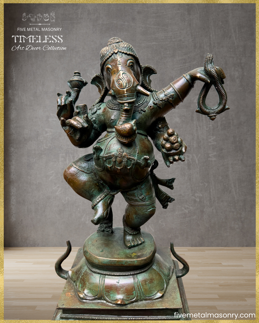 Handcrafted Panchaloha bronze Nṛtta Gaṇeśa from the TIMELESS Collection, depicted in a dynamic dancing posture with four arms holding the aṅkuśa, pāśa, danta and modaka. Adorned with a karaṇḍa-makuṭa and traditional ornaments, the icon stands upon a lotus pedestal and is finished in an antique patina.