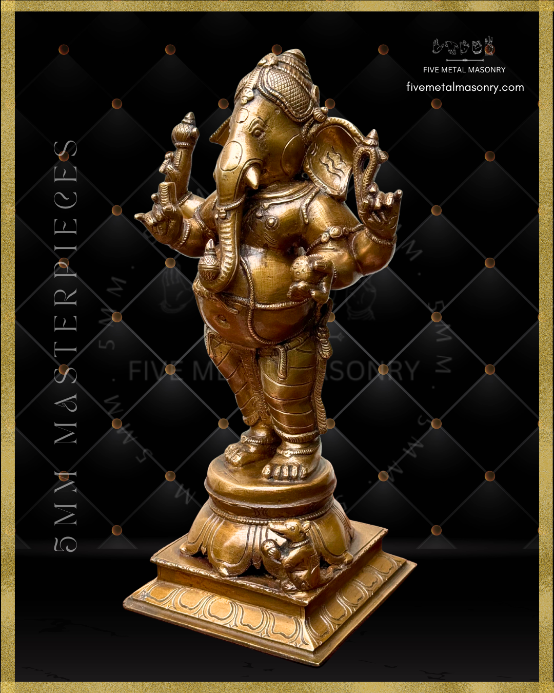 Right profile view of Handcrafted Panchaloha bronze standing Ganesha from the Masterpieces collection, depicted with four arms holding traditional attributes, long central trunk, detailed ornaments and drapery, standing on a lotus pedestal with musika at his feet.