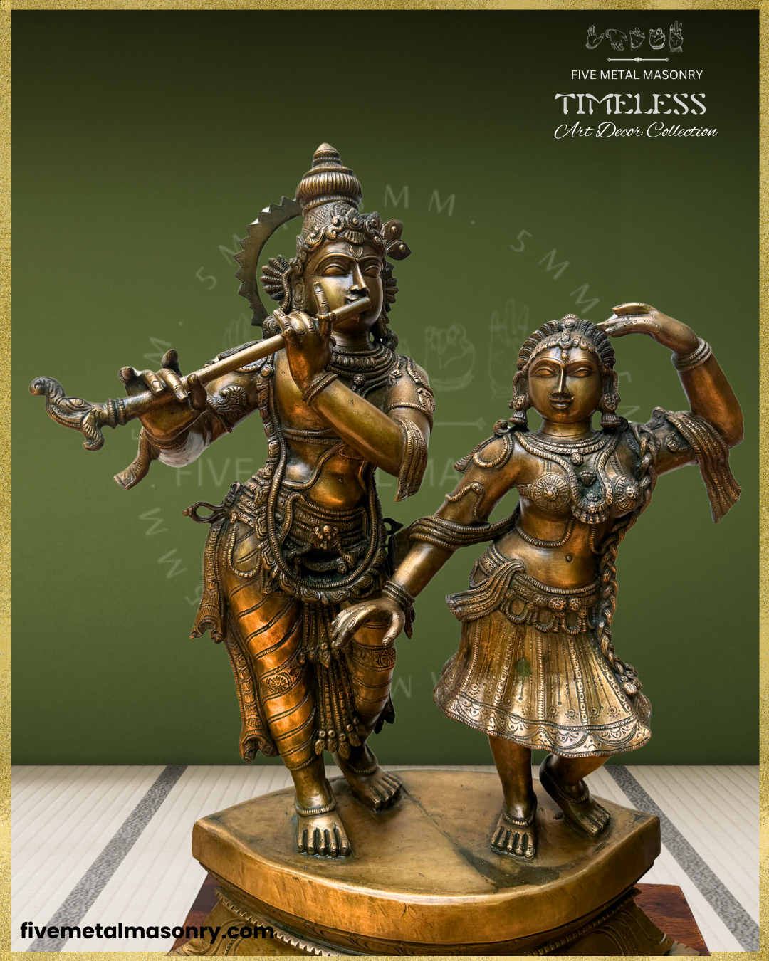 Top-angle closer view of handcrafted Panchaloha bronze Radha Krishna sculpture from the Timeless Collection, depicting Krishna as Venugopala playing the flute beside Radha in a rhythmic standing pose, with detailed ornaments, drapery and tiered lotus pedestal.