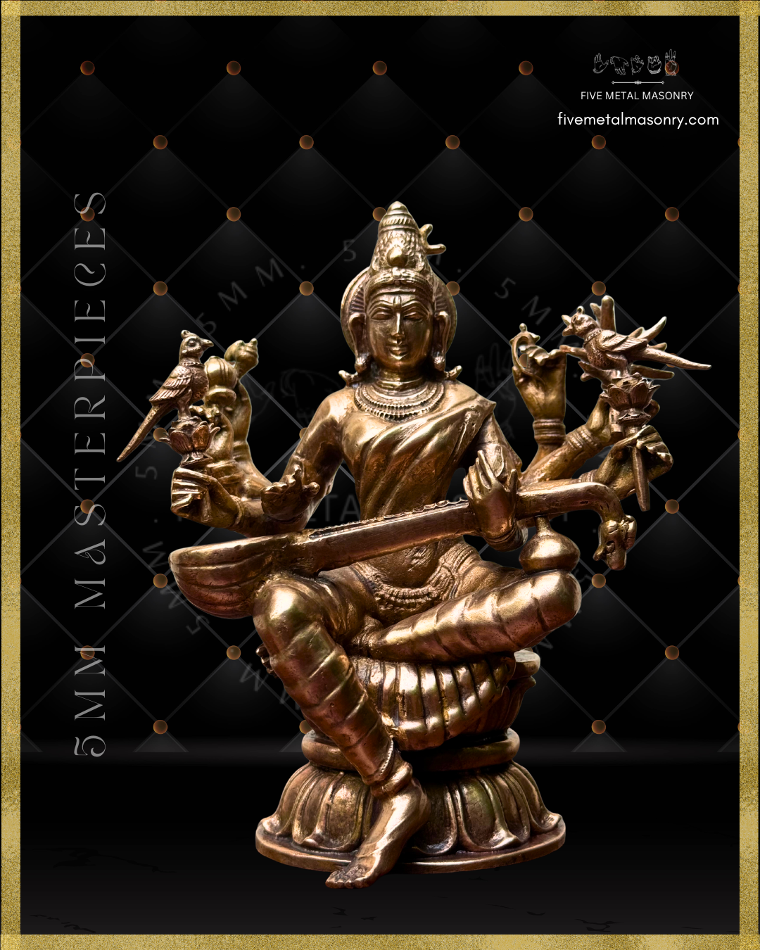Projected view of Handcrafted Panchaloha Matangi bronze icon from the Five Metal Masonry Masterpieces Collection, seated with veena and depicted with multiple arms bearing her characteristic attributes, crafted according to traditional Shilpasastra iconography.