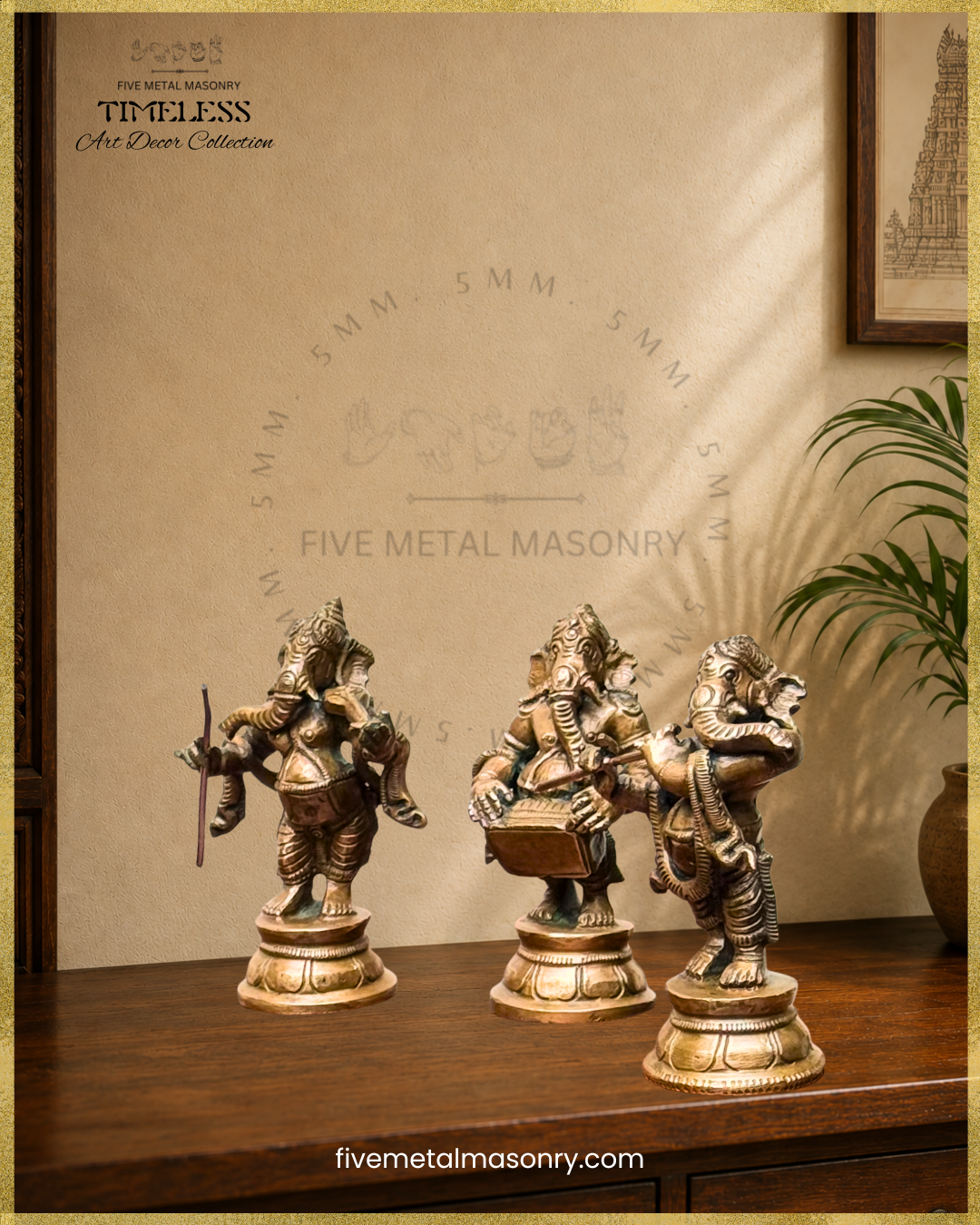 Handcrafted panchaloha bronze Musical Ganesha statues from the Timeless Collection, featuring three standing Lord Ganesha icons playing violin, harmonium and flute. 
