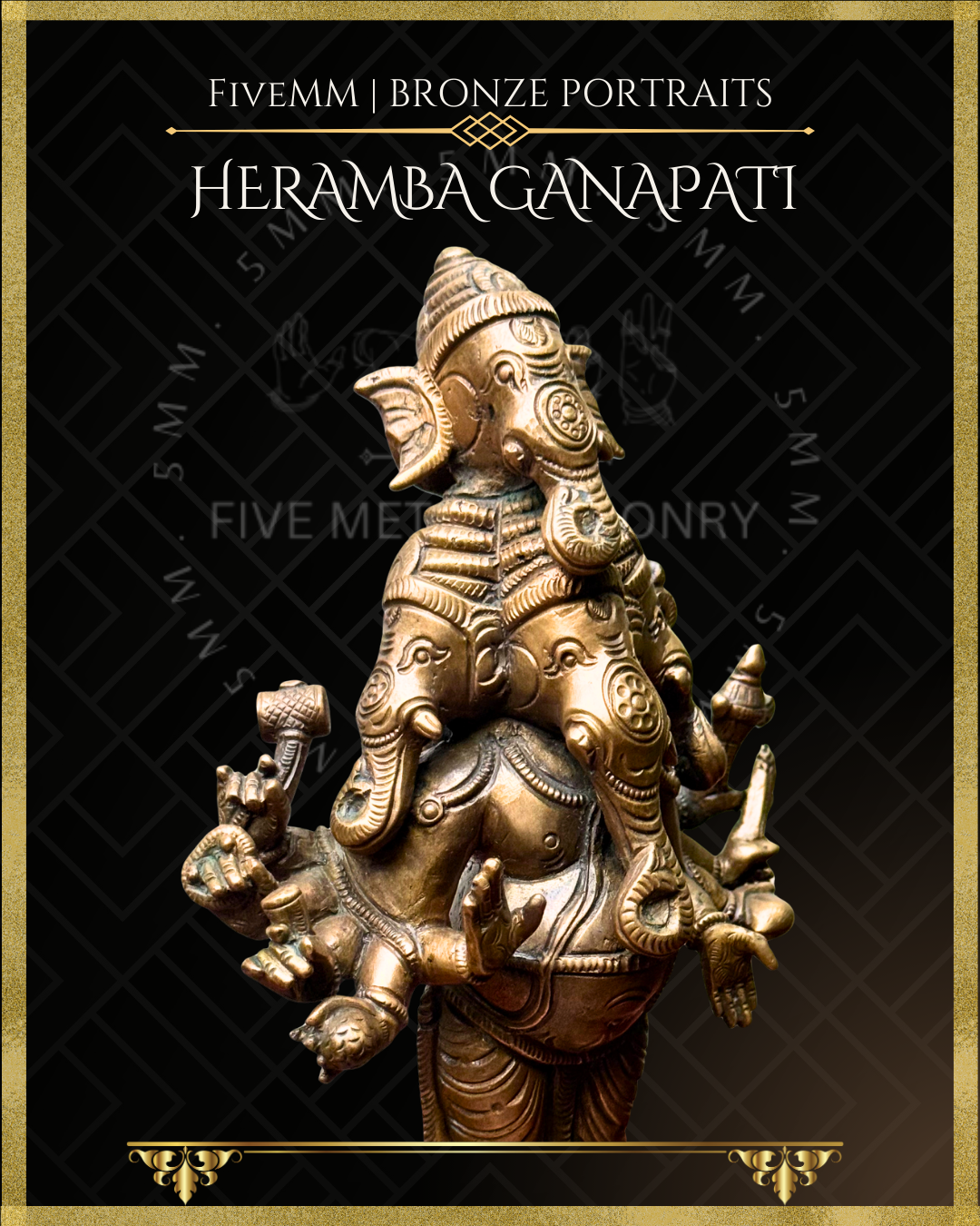 Heramba Ganapati Panchaloha Bronze statue – per Shilpa Sastra iconography, handcrafted by lost wax casting – right closeup view