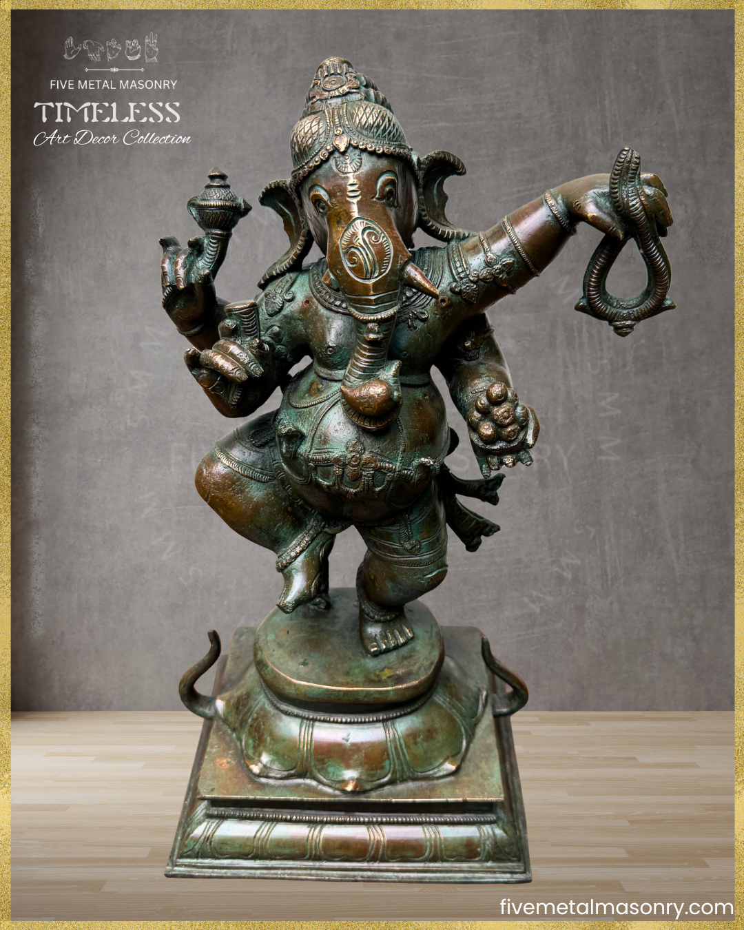 Top angle view of handcrafted Panchaloha bronze Nṛtta Dancing Ganesha statue from the TIMELESS Collection, depicted in a dynamic dancing posture with four arms, karanda makuta, lotus pedestal, and antique patina finish.