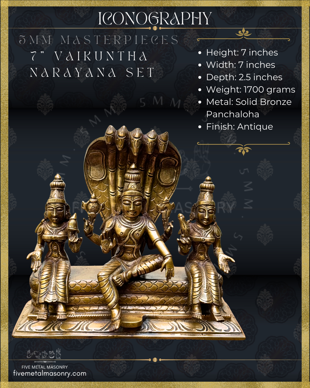 Vaikunta Narayana Set -Panchaloha Bronze statue -  Masterpieces Collection - Iconography per Shilpa Sastra, handcrafted lost wax casting – Dimensions