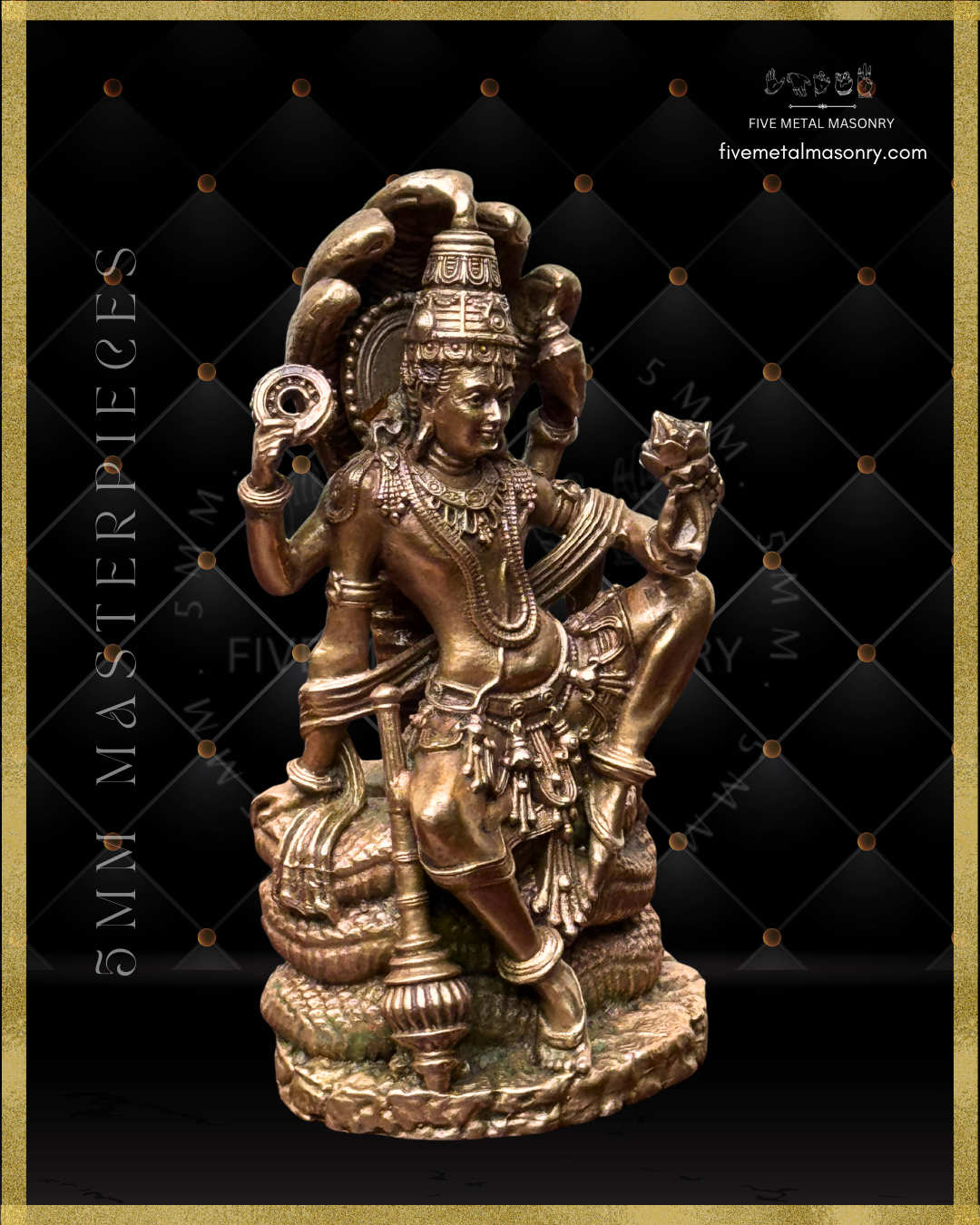 Left side profile view of Vaikunta Narayana panchaloha bronze icon seated on Adisesha with multi-hooded serpent canopy, four-armed Vishnu with shankha and chakra, Masterpieces collection