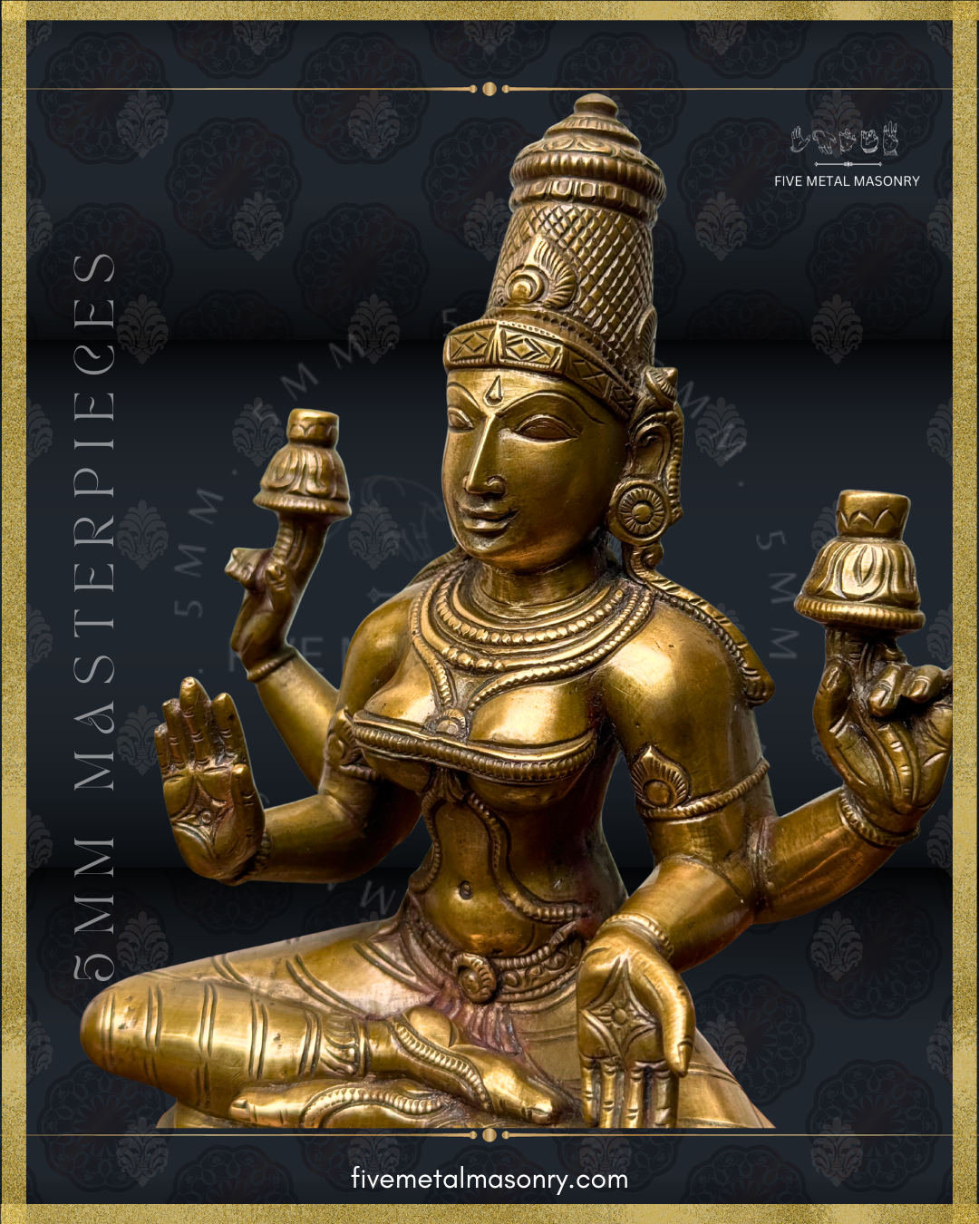 Left side Close-up view of a handcrafted Panchaloha bronze Lakshmi statue from the Five Metal Masonry Masterpieces collection, crafted according to Shilpasastra principles, highlighting her traditional four-armed iconography, lotus attributes, abhaya and varada hastas, serene countenance and finely detailed ornaments.