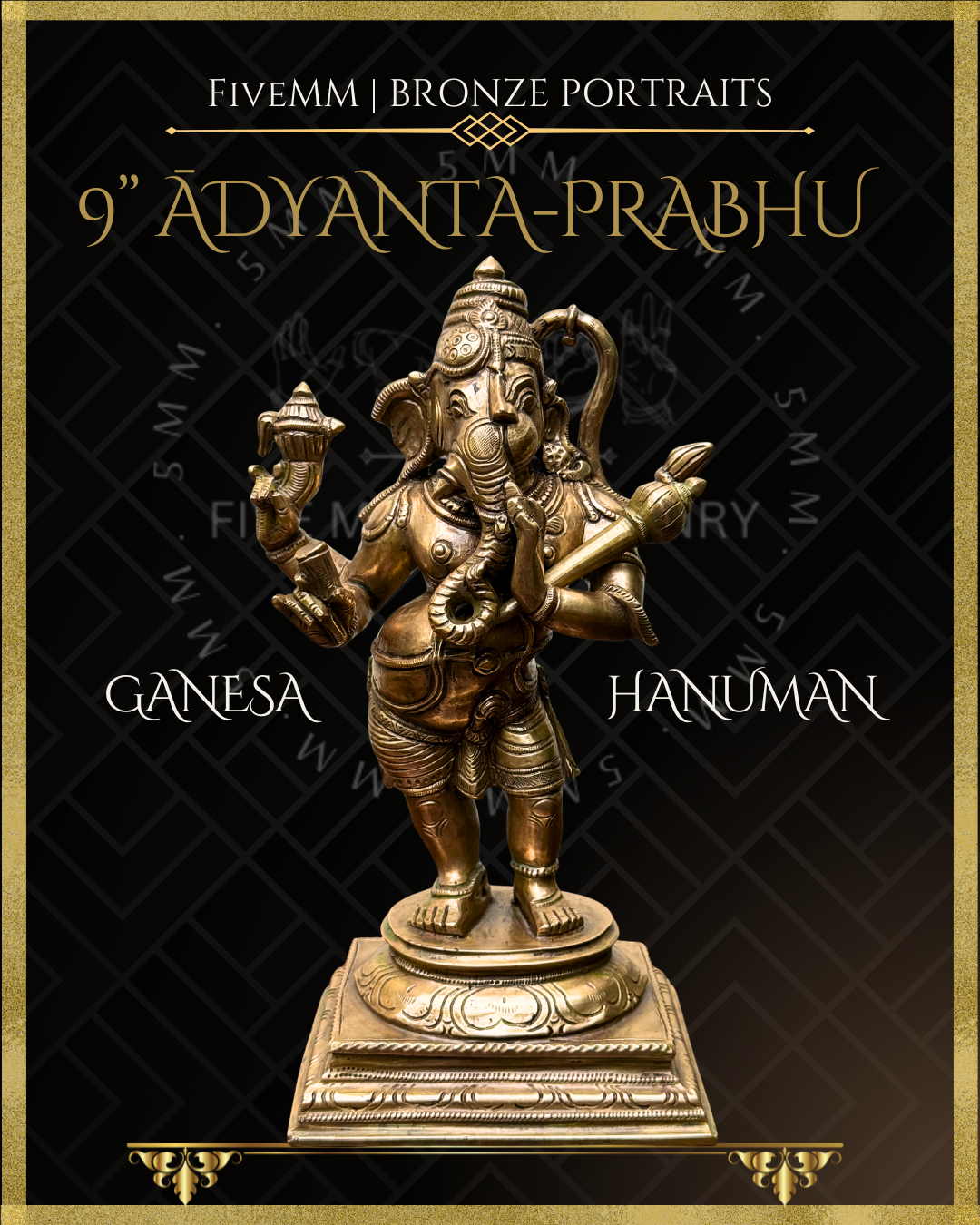Adyanta Prabhu- Ganesha:Hanuman,  Panchaloha Bronze statue – per Shilpa Sastra iconography, handcrafted by lost wax casting – Front view