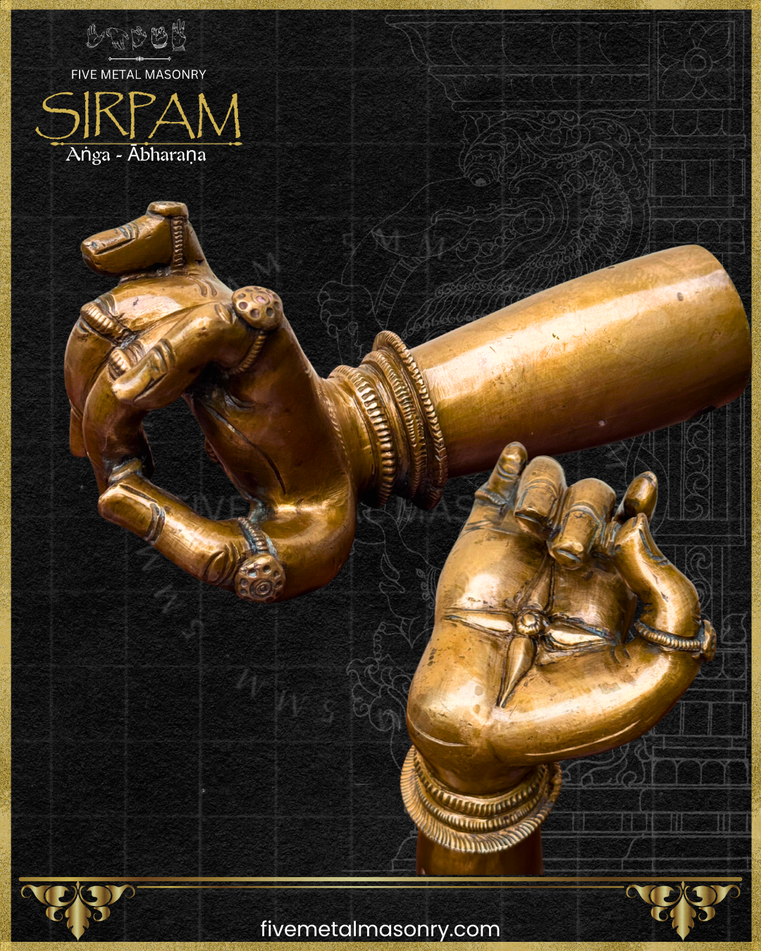 Decorative bronze hand sculpture with intricate jewellery details on a black background, from Five Metal Masonry’s Sirpam collection