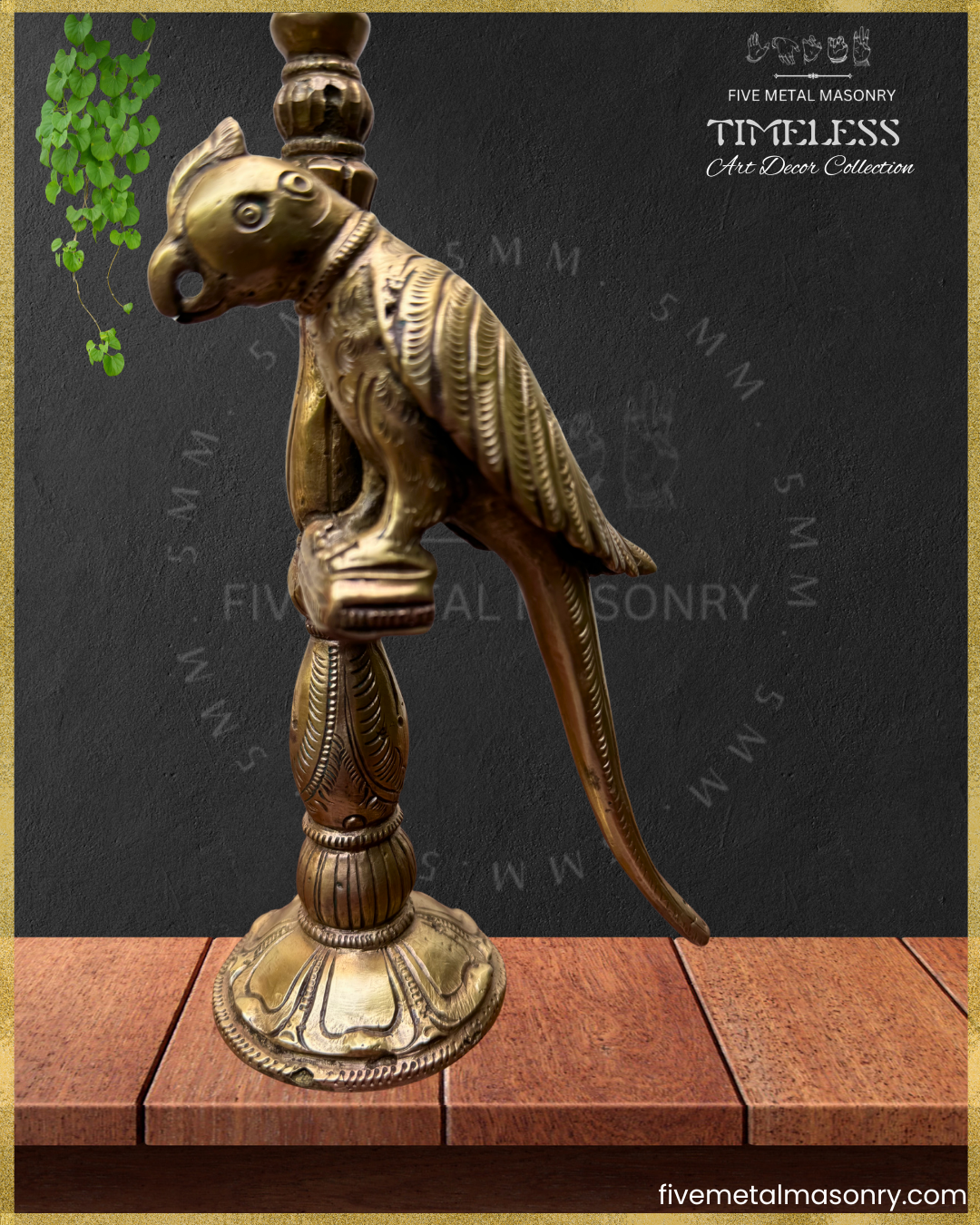 Bronze parrot perched on a pillar sculpture with a dark background