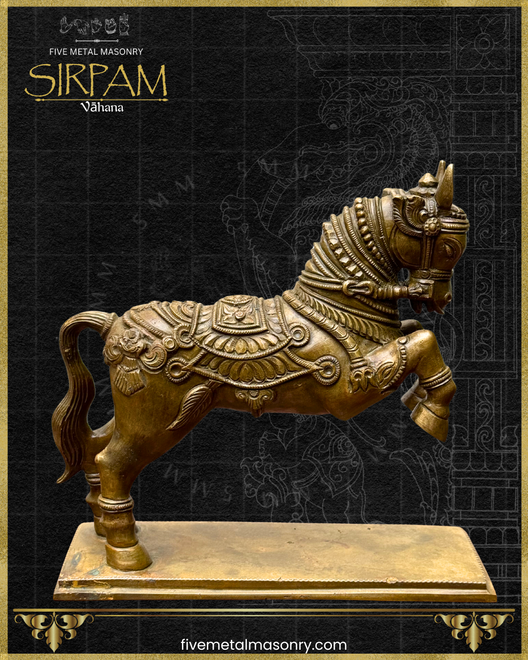 Decorative bronze statue of a horse with intricate designs on a black background, featuring the brand 'Five Metal Masonry'.