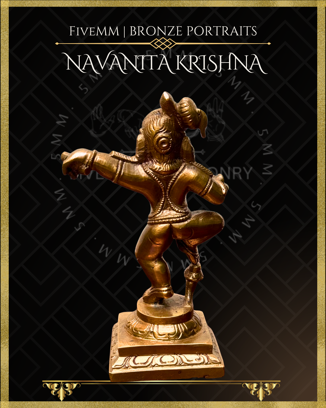 Rear view of handcrafted Panchaloha Navanita Krishna bronze icon, depicting Bala Krishna in a lively dancing posture, with finely detailed coiffure, ornaments and traditional Silpasastra-inspired craftsmanship.