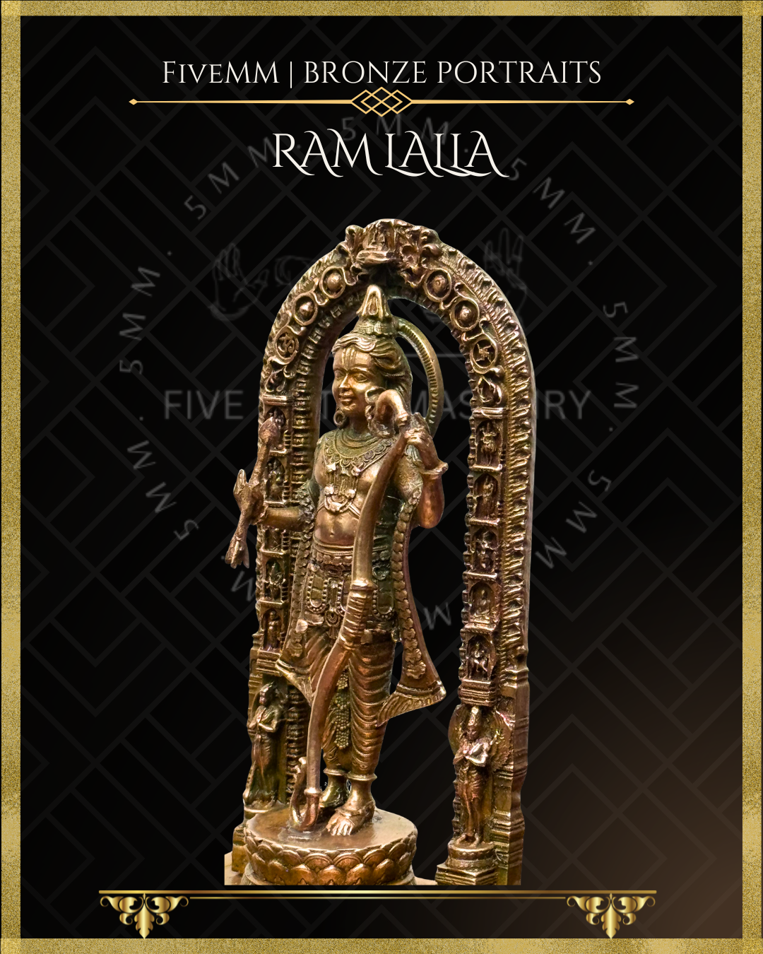 Close up side view of handcrafted Panchaloha bronze icon of Ram lalla of Ayodhya standing beneath an ornate prabhavali, holding a bow and arrow, adorned with a knotted jata, intricate jewellery, lotus pedestal in the classical Indian iconographic style.