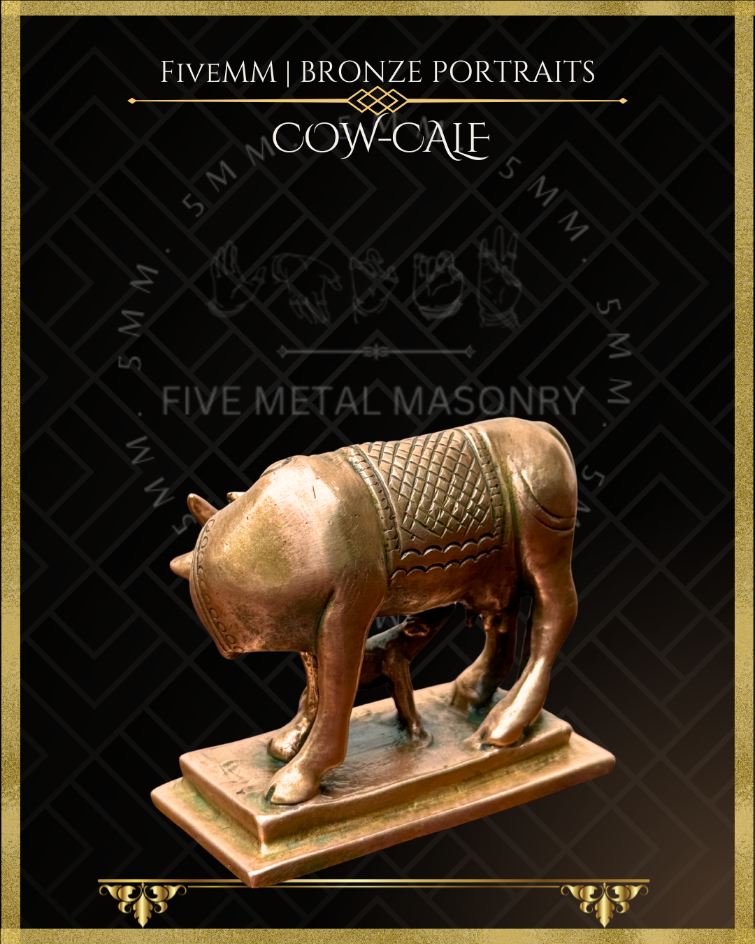 Bronze sculpture of a cow with decorative patterns on a black background, featuring 'Fivemm' branding.