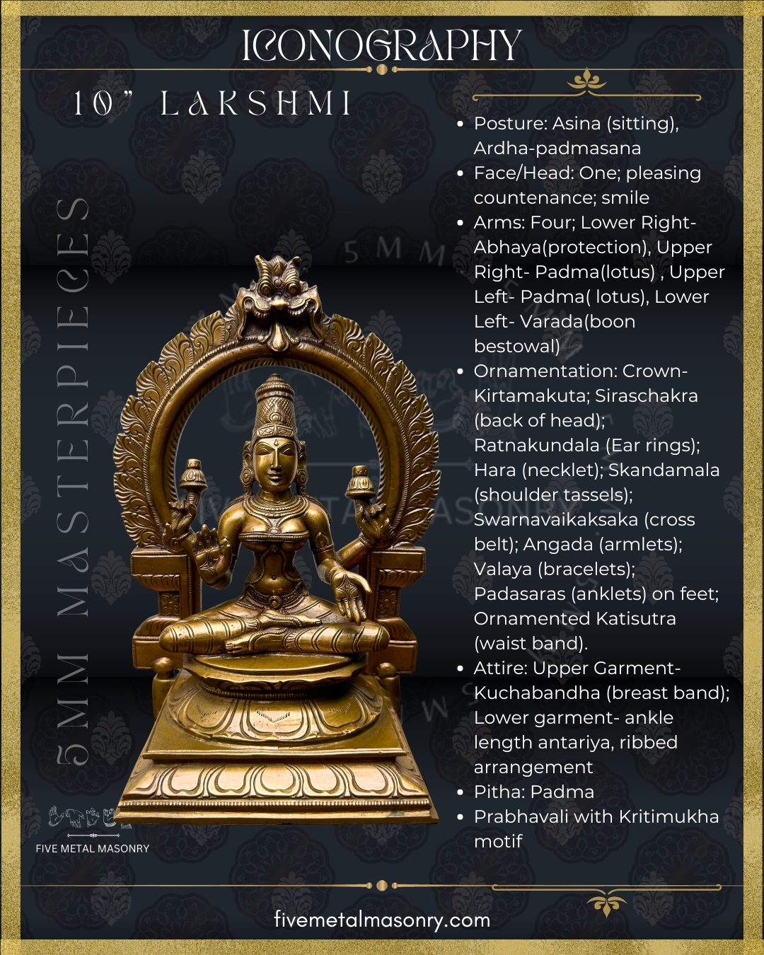 Iconographic description of handcrafted Panchaloha bronze Lakshmi statue from the Five Metal Masonry Masterpieces collection, crafted according to Shilpasastra principles, featuring traditional South Indian iconography with four arms, lotus attributes, abhaya and varada hastas, and finely detailed ornaments.
