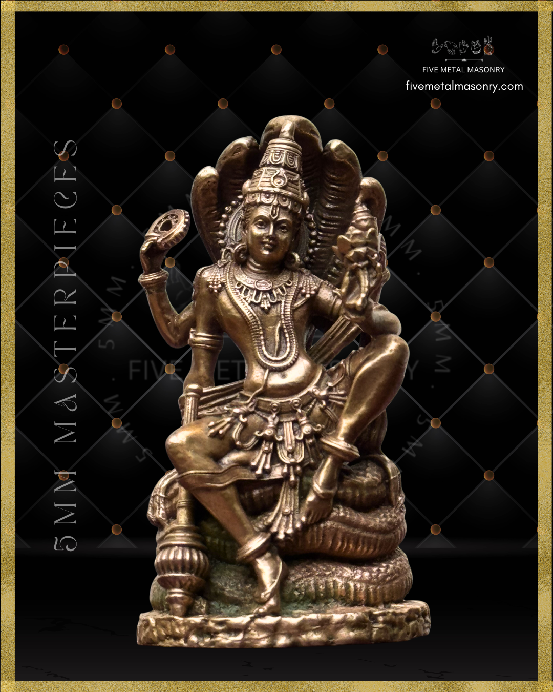 Projected view of Vaikunta Narayana panchaloha bronze icon seated on Adisesha with multi-hooded serpent canopy, four-armed Vishnu with shankha and chakra, Masterpieces collection