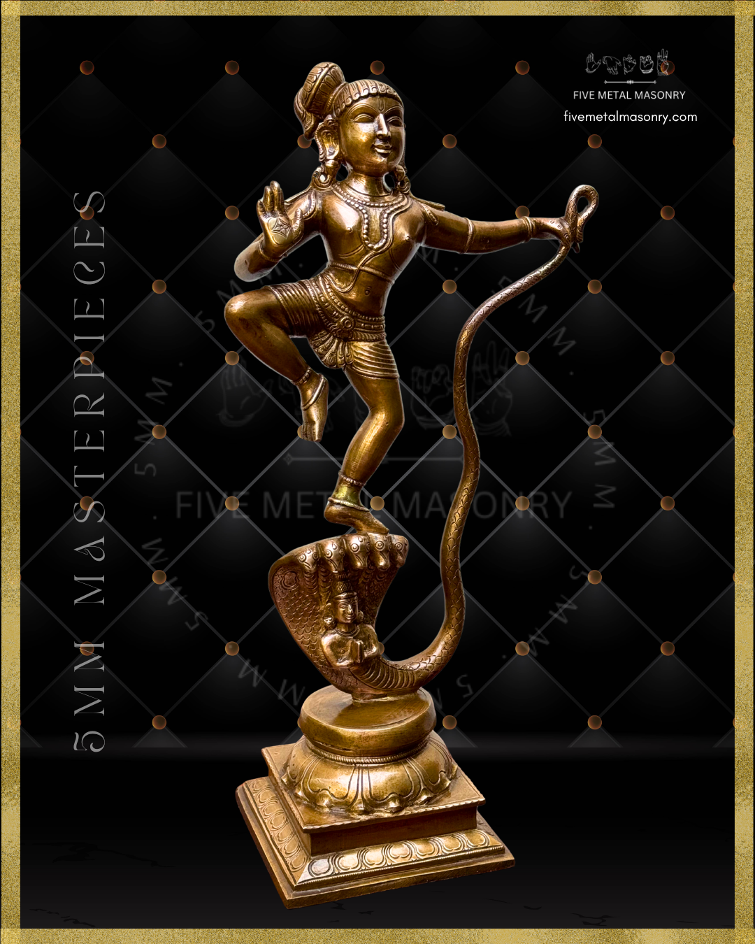 Left profile view of handcrafted Panchaloha bronze of Kaliya Tandava Krishna from our Masterpieces Collection, depicting Krishna dancing on the multi-hooded serpent Kaliya and holding his curving tail, aligned with Silpa Sastra principles and South Indian iconographic tradition.