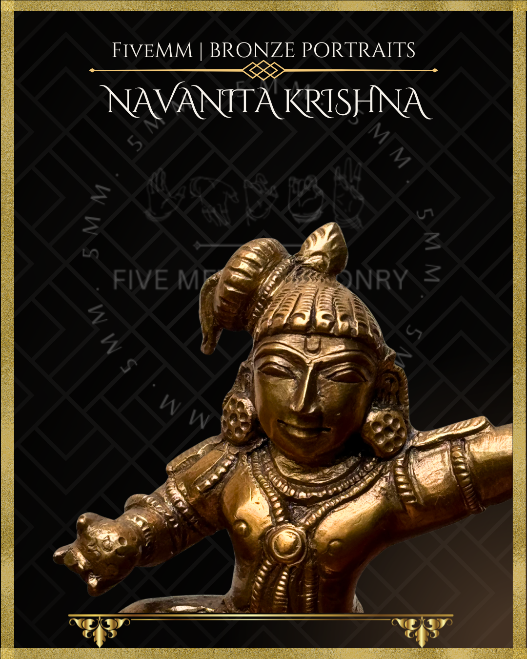 Close-up of handcrafted Panchaloha Navanita Krishna bronze icon, highlighting Bala Krishna’s serene face, Vaishnava mark on forehead, elaborate coiffure, large kundalas and finely detailed ornaments, crafted in traditional Silpasastra style.