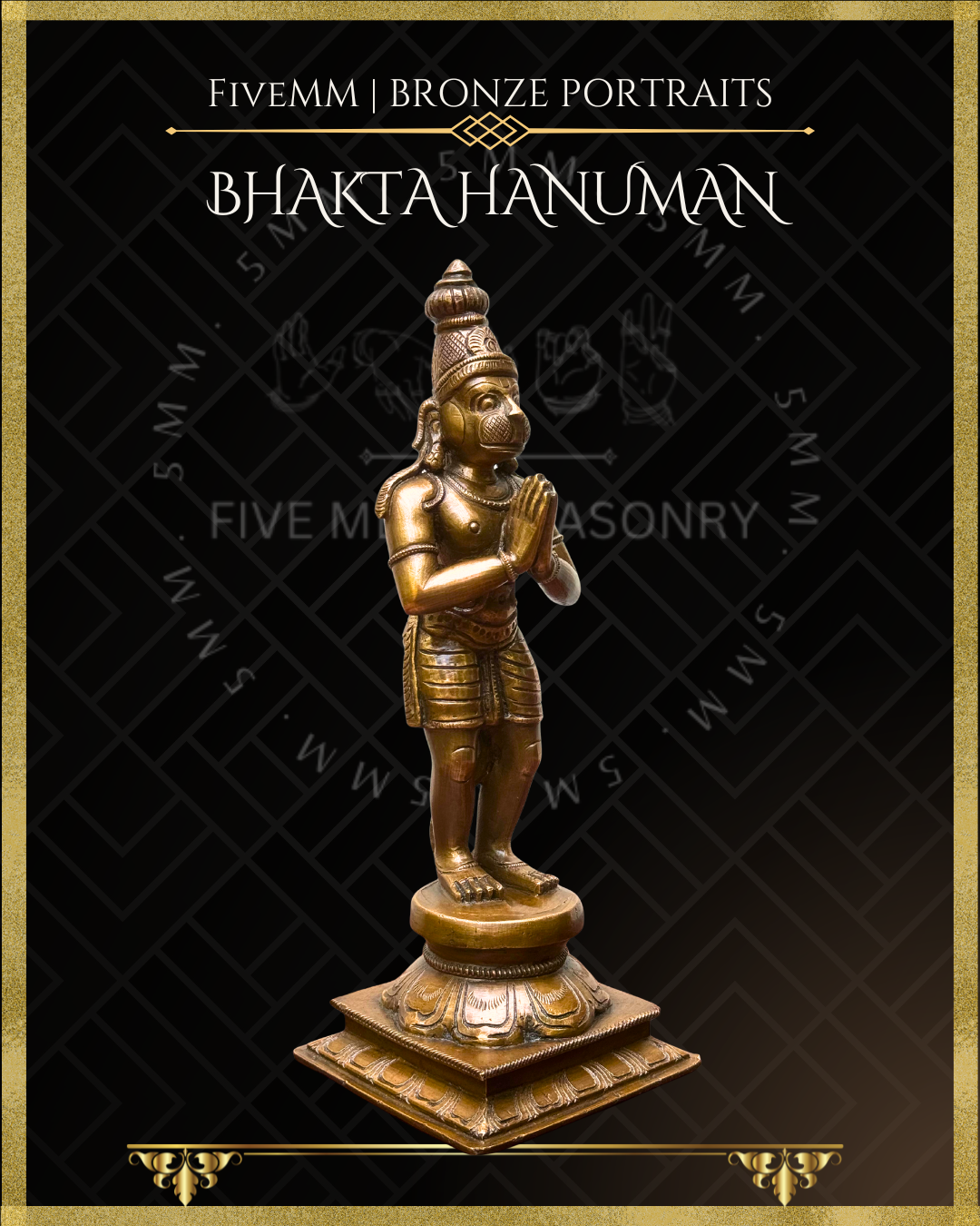 Right side view of Handcrafted Bhakta Hanuman Panchaloha bronze statue in anjali hasta with slightly bent knees, detailed in traditional South Indian silpa-sastra iconography.