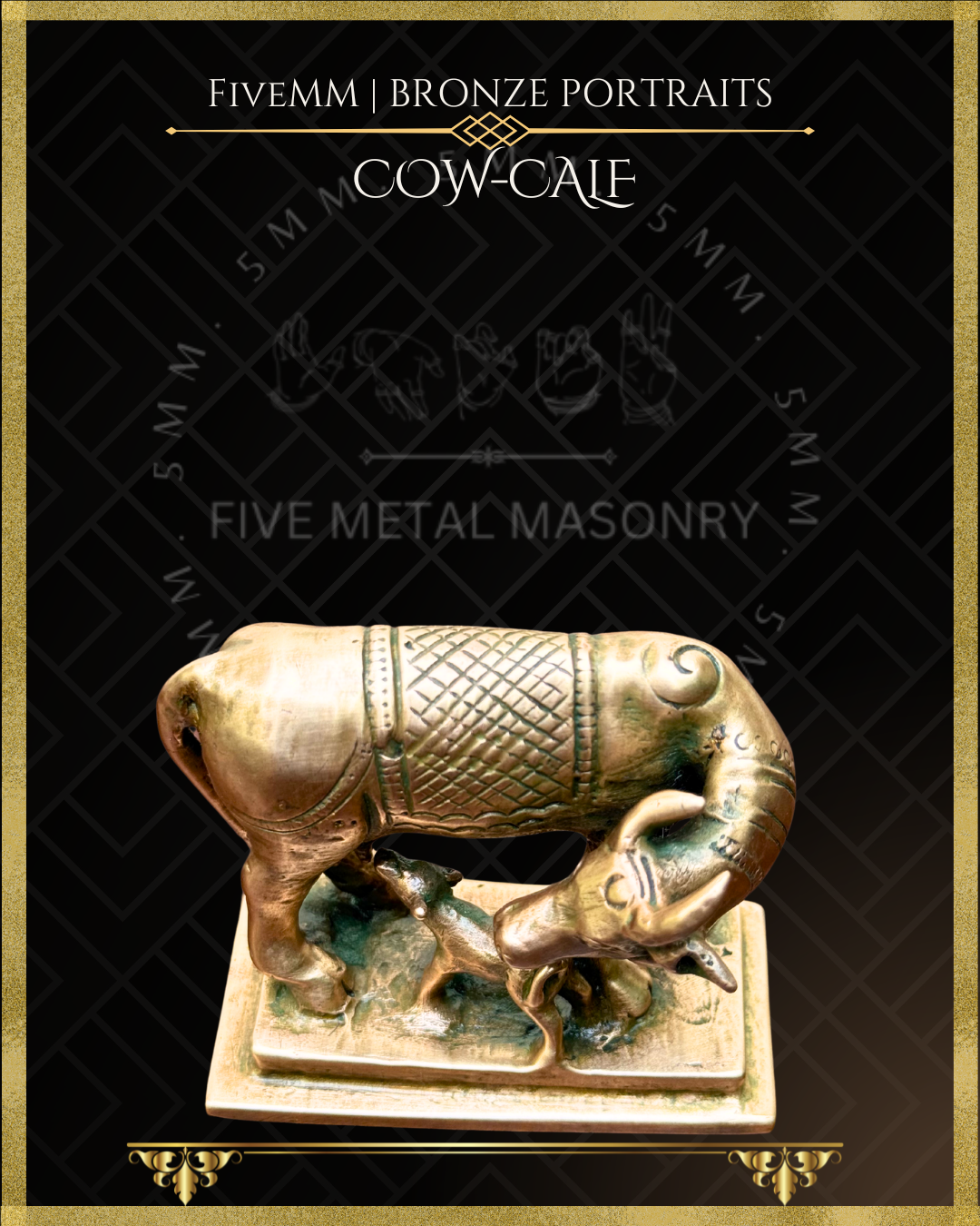 Bronze sculpture of a cow on a black background
