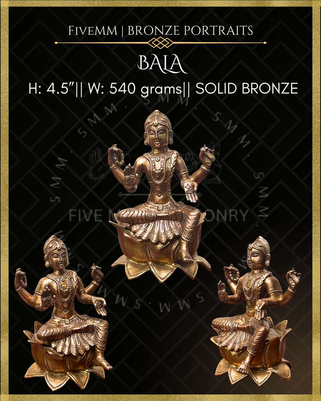 Dimensions and multi-angle view of handcrafted Panchaloha bronze of four-armed Balambika or Bala tripurasundari seated in lalitasana on a full-blown lotus pitha, holding akshamala and pustaka with abhaya and varada hastas, following silpa-sastra and traditional iconography.