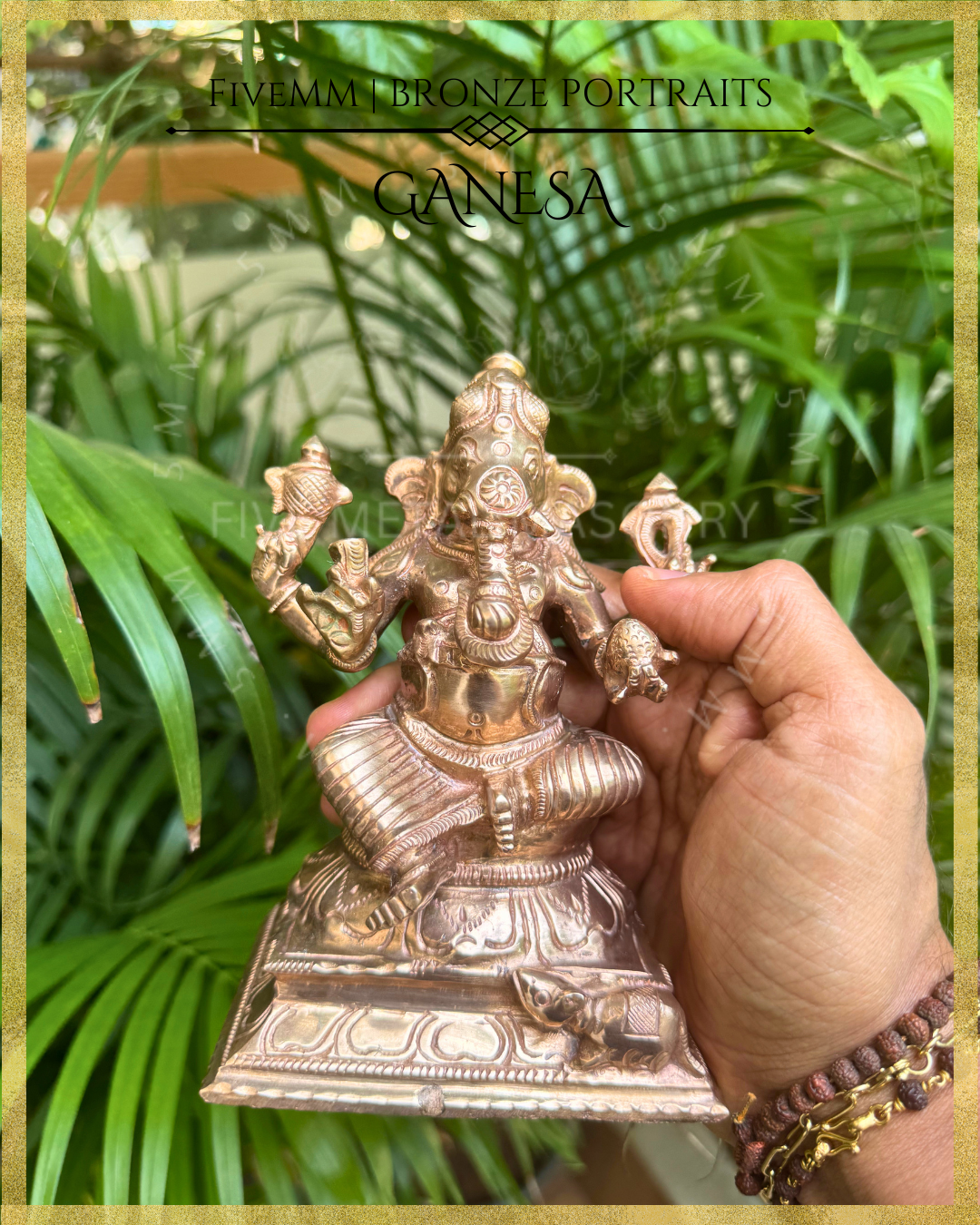 Handheld view of handcrafted Panchaloha bronze Ganesha, silpa-sastra aligned and rooted in the South Indian iconographic tradition, four-armed and seated in lalitasana, holding ankusa, pasa, danta and modaka, with musika at the pedestal.