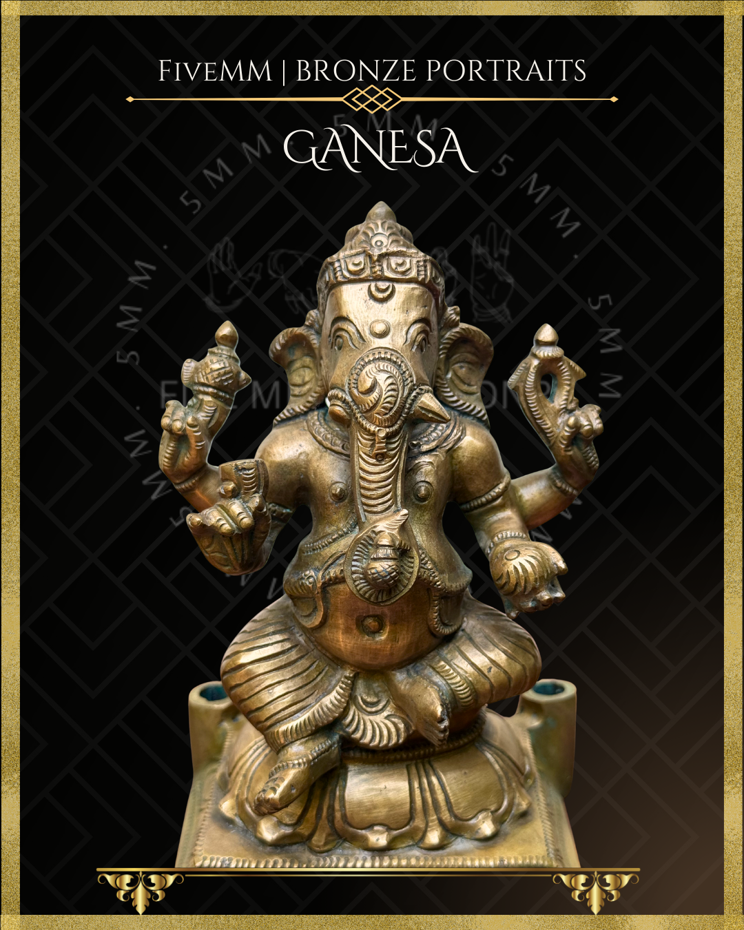 Bronze statue of Ganesha with decorative arch on a black background, featuring 5MM branding.