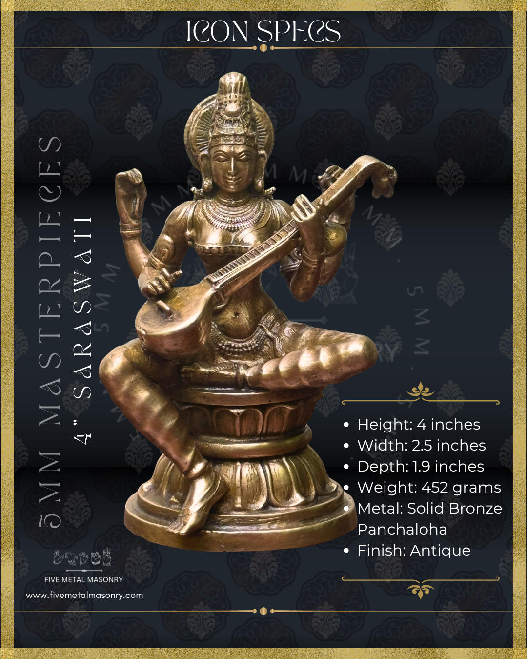 Product dimension of panchaloha bronze seated Saraswati icon from the Masterpieces collection, four armed and holding the veena across the torso in the lower hands, with upper hands holding aksamala and kamandalu, featuring jata makuta, siraschakra, layered ornamentation and lotus pedestal in South Indian iconographic style.