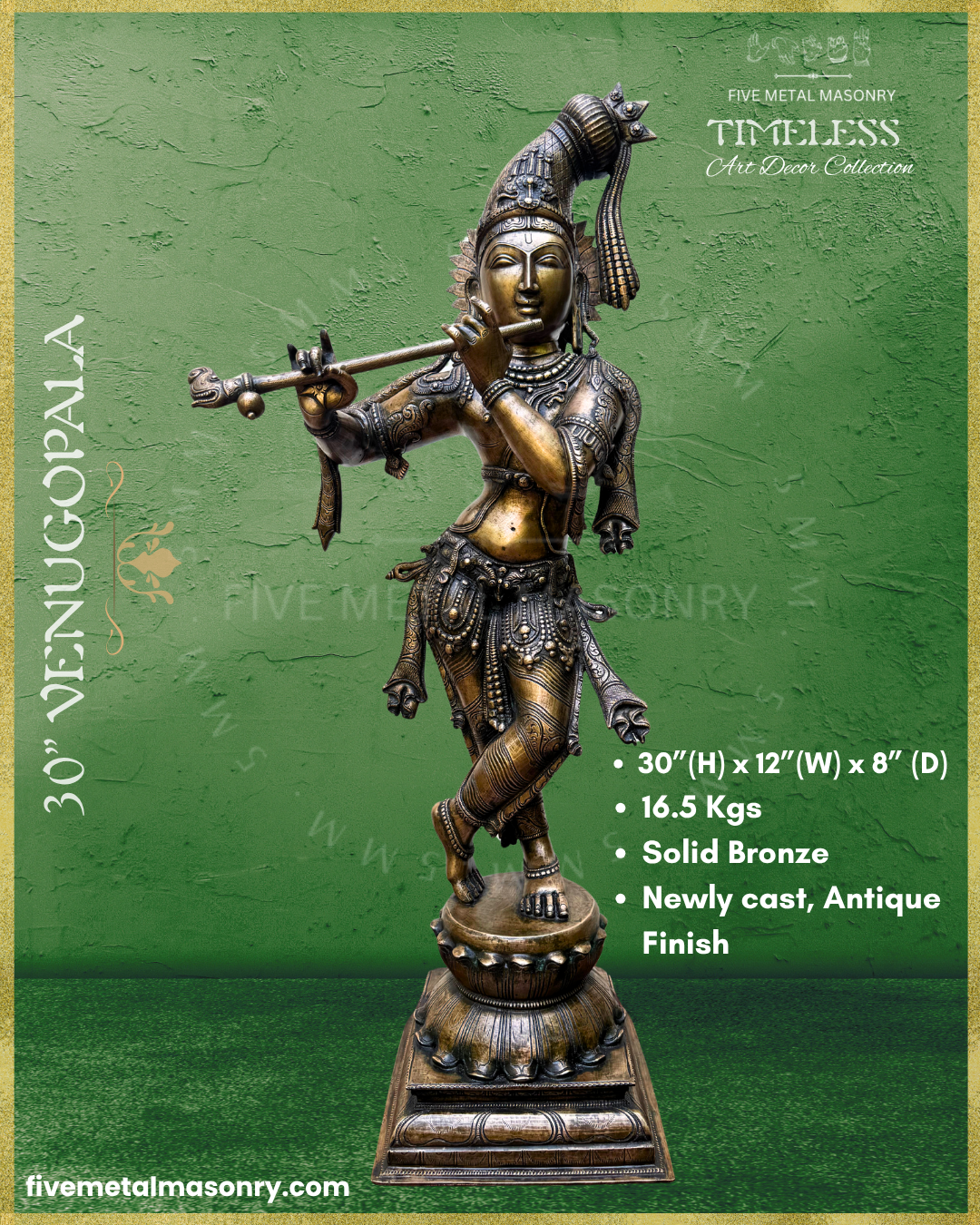 Product dimensions of Handcrafted Panchaloha bronze Venugopala Krishna from Five Metal Masonry’s Timeless Collection, standing in svastikasana and playing the venu, with an elongated kesa-bandha decorated with floral motifs, peacock feathers and tassels, detailed ornaments and Silpasastra-inspired iconography.