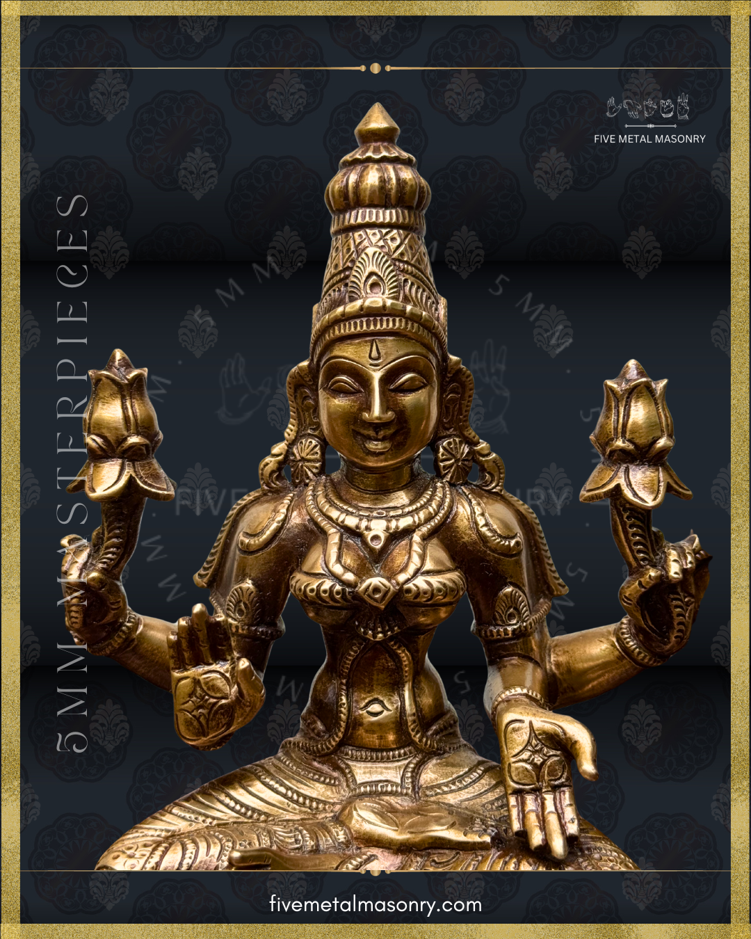 Lakshmi panchaloha bronze statue with intricate detailing and exquisite workmanship on a black background with Five Metal Masonry branding. 
