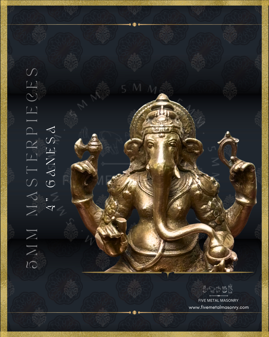 Close-up view of panchaloha bronze seated Ganesha icon from the Masterpieces collection showing elephant face, elongated curved trunk, karanda makuta and upper body ornamentation, holding goad, noose, broken tusk and modaka in South Indian bronze style.