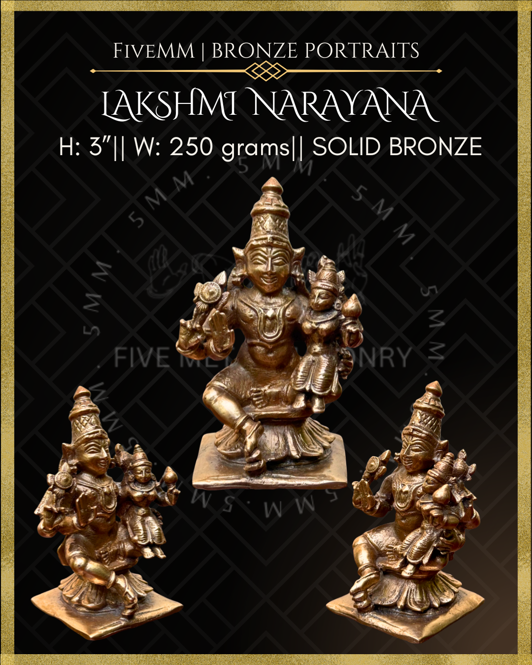 Dimensions and multi-angle view of Handcrafted Lakshmi Narayana Panchaloha bronze statue with silpa-sastra aligned iconographic detailing, chakra and sankha, lower right hand in abhaya, and Lakshmi seated on Narayana’s left thigh.