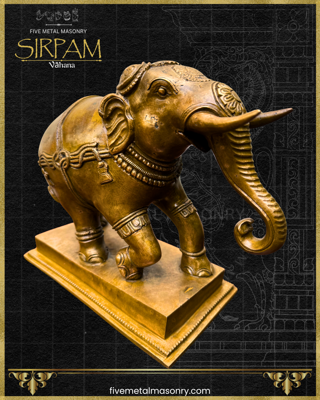 Decorative bronze elephant statue on a dark background with 'Five Metal Masonry' branding.