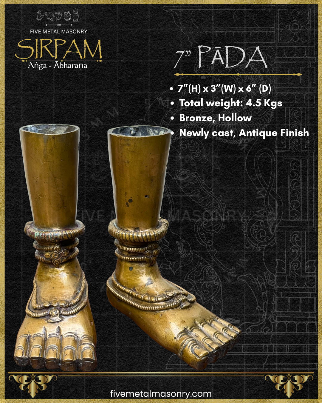 Bronze feet sculpture with detailed design on a black background, featuring product details.