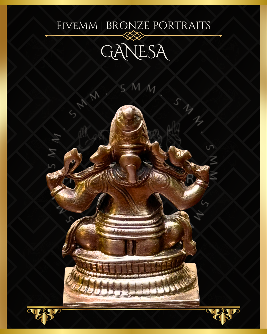 Rear view of panchaloha bronze seated Ganesha icon, four armed and holding goad, noose, broken tusk and modaka, featuring elongated trunk, karanda makuta and stylised pedestal in South Indian iconographic tradition.