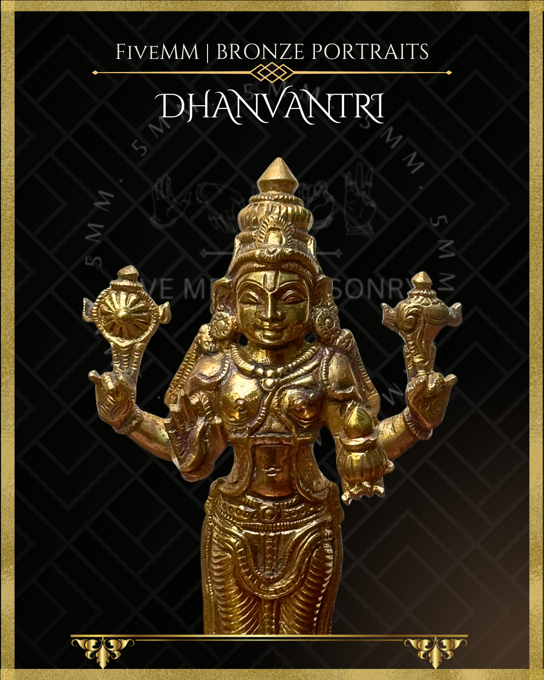 Close-up front view of handcrafted Dhanvantari Panchaloha bronze statue showing the serene face, kiritamakuta, urdhvapundra, chakra and sankha in the upper hands, jalauka and amrta-kalasa in the lower hands, with detailed traditional ornamentation crafted in the silpa-sastra and traditional iconographic tradition.