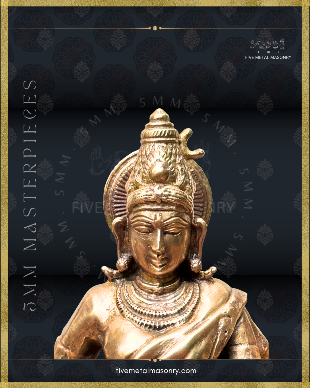 Close-up frontal view of handcrafted Panchaloha Matangi bronze icon from the Five Metal Masonry Masterpieces Collection, highlighting her serene facial features, traditional headdress with parrot motif, ornaments and Shilpasastra-based iconography.