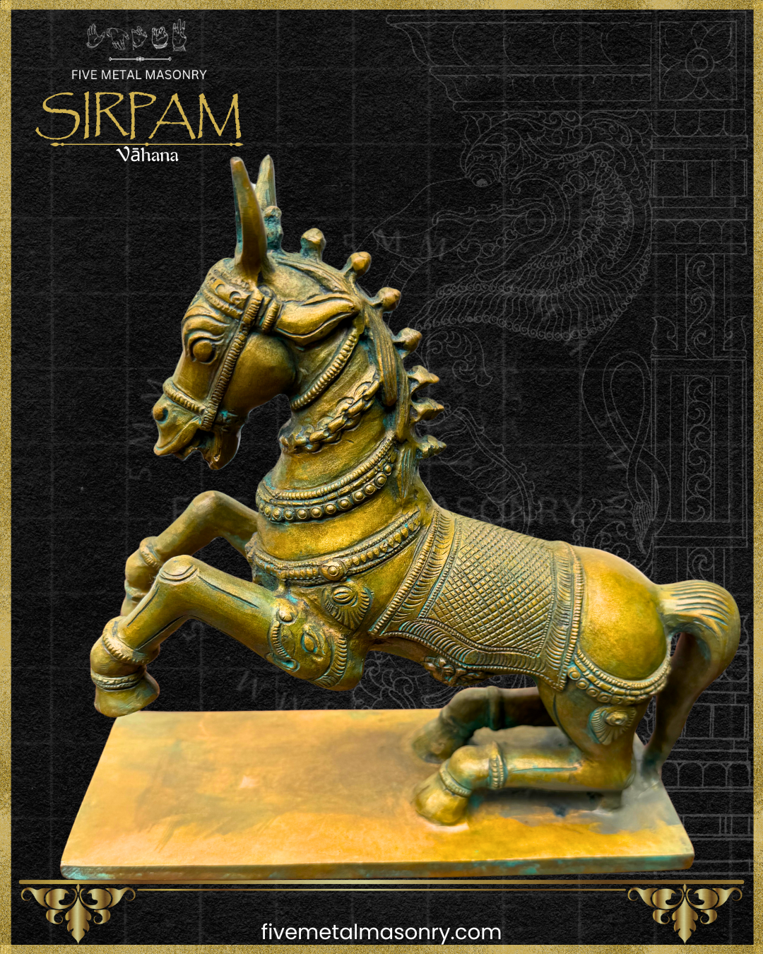 Bronze statue of a horse with intricate detailing on a dark background, featuring the brand 'Five Metal Masonry'.