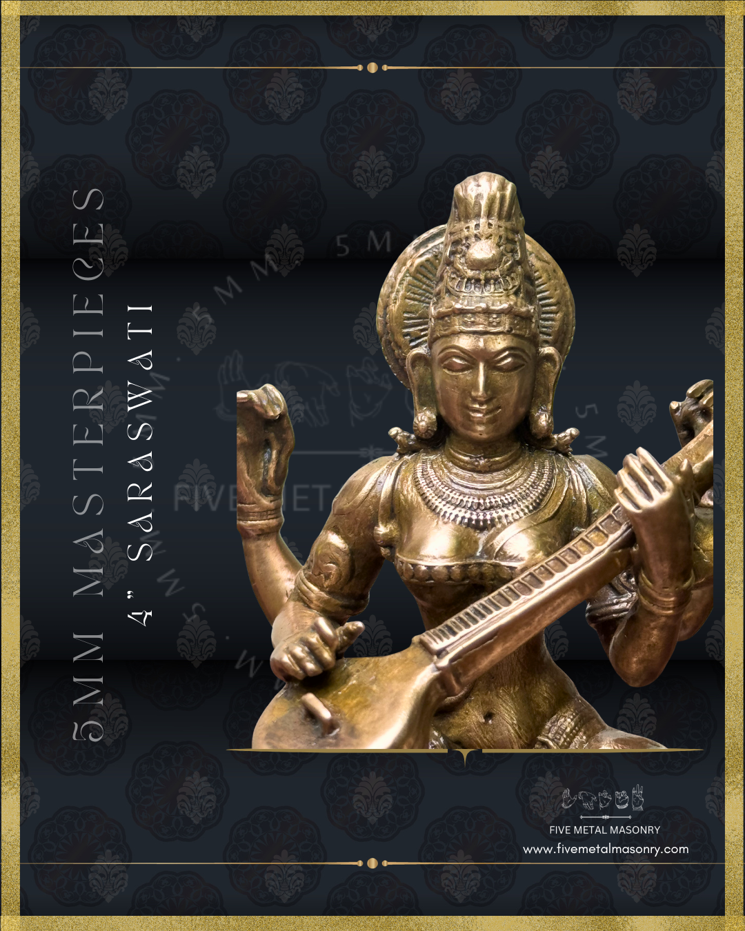 Close-up view of panchaloha bronze seated Saraswati icon from the Masterpieces collection, four armed and holding the veena across the torso in the lower hands, featuring jata makuta, siraschakra, layered ornamentation in South Indian iconographic style.