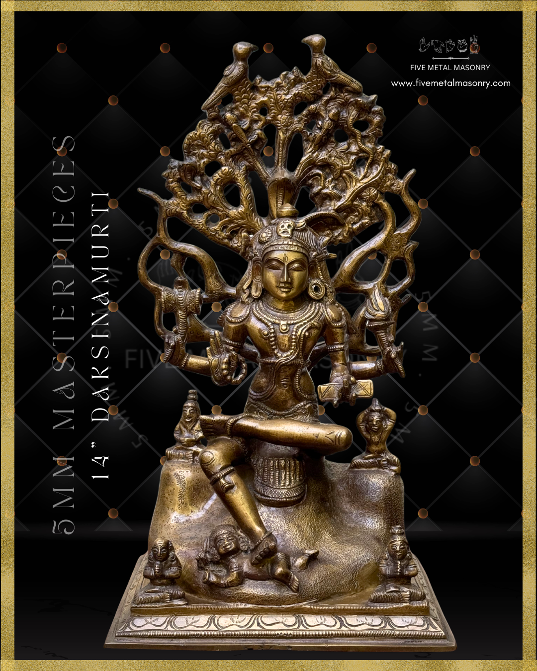 Handcrafted Panchaloha bronze Dakshinamurti statue, crafted according to Shilpasastra principles, featuring traditional South Indian iconography of Shiva as the divine teacher seated beneath the banyan tree with sages and Apasmara.