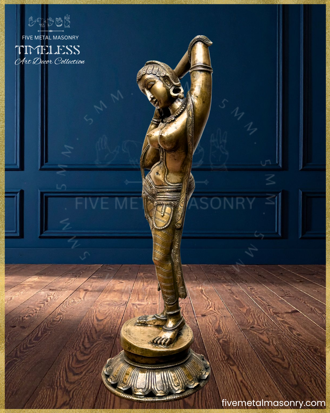 Side view of panchaloha bronze Apsara icon from the Timeless collection in a graceful tribhanga stance, with raised arms, detailed jewellery, patterned drapery, lotus pedestal and refined sculptural detailing rooted in South Indian iconographic tradition.