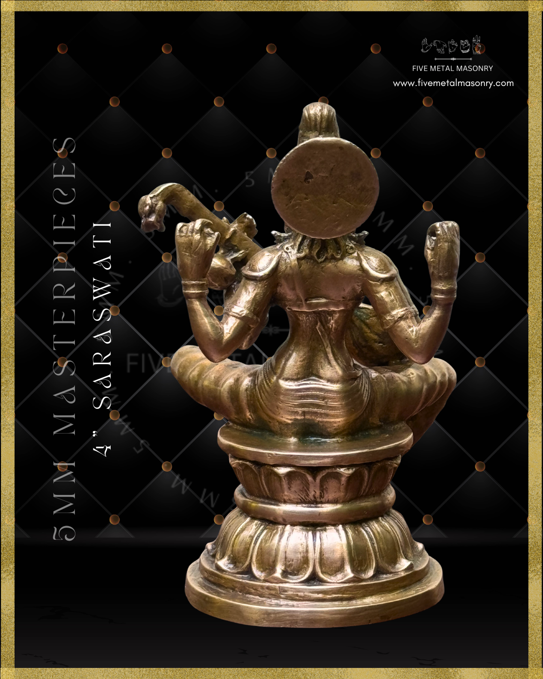 Rear view of panchaloha bronze seated Saraswati icon from the Masterpieces collection, four armed and holding the veena across the torso in the lower hands, with upper hands holding aksamala and kamandalu, featuring jata makuta, siraschakra, layered ornamentation and lotus pedestal in South Indian iconographic style.