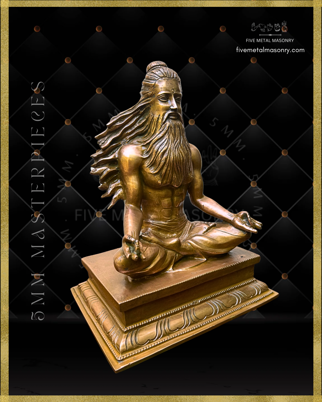 Right profile view of Handcrafted Thirumoolar Saiva saint in Panchaloha bronze, seated in meditation with flowing jata, long beard and tiered pedestal, from the Masterpieces collection.